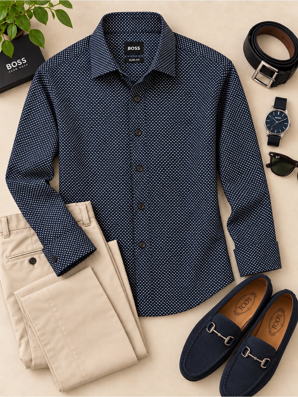 BOSS Navy Micro-Pattern Dress Shirt
